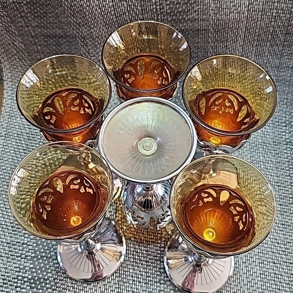 Vintage Farber Brothers Amber Silver Stems Glassware 6 Cordial Sherry Glasses